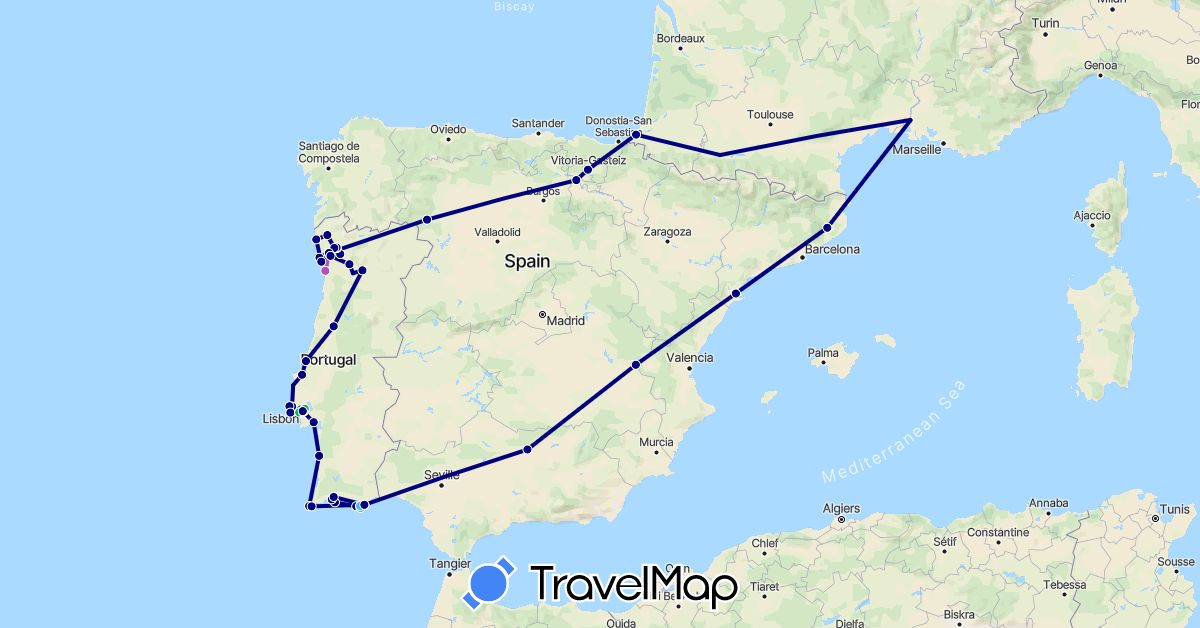 TravelMap itinerary: driving, bus, train, hiking, boat in Spain, France, Portugal (Europe)